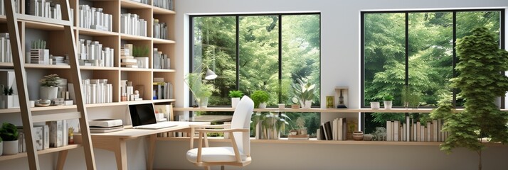 A minimal home office with view from window, wall-mounted desk, modern chair and a bookcase