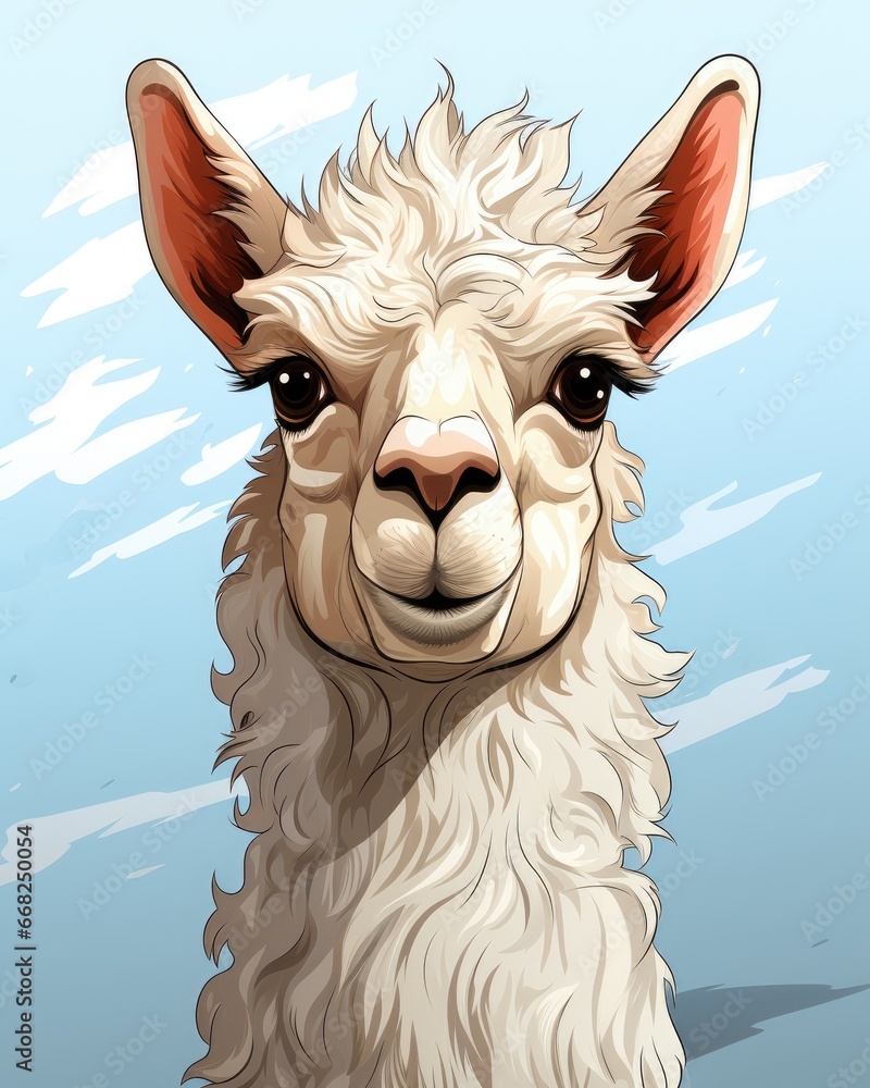 Poster a close up of a llama's face with a sky background. generative ai