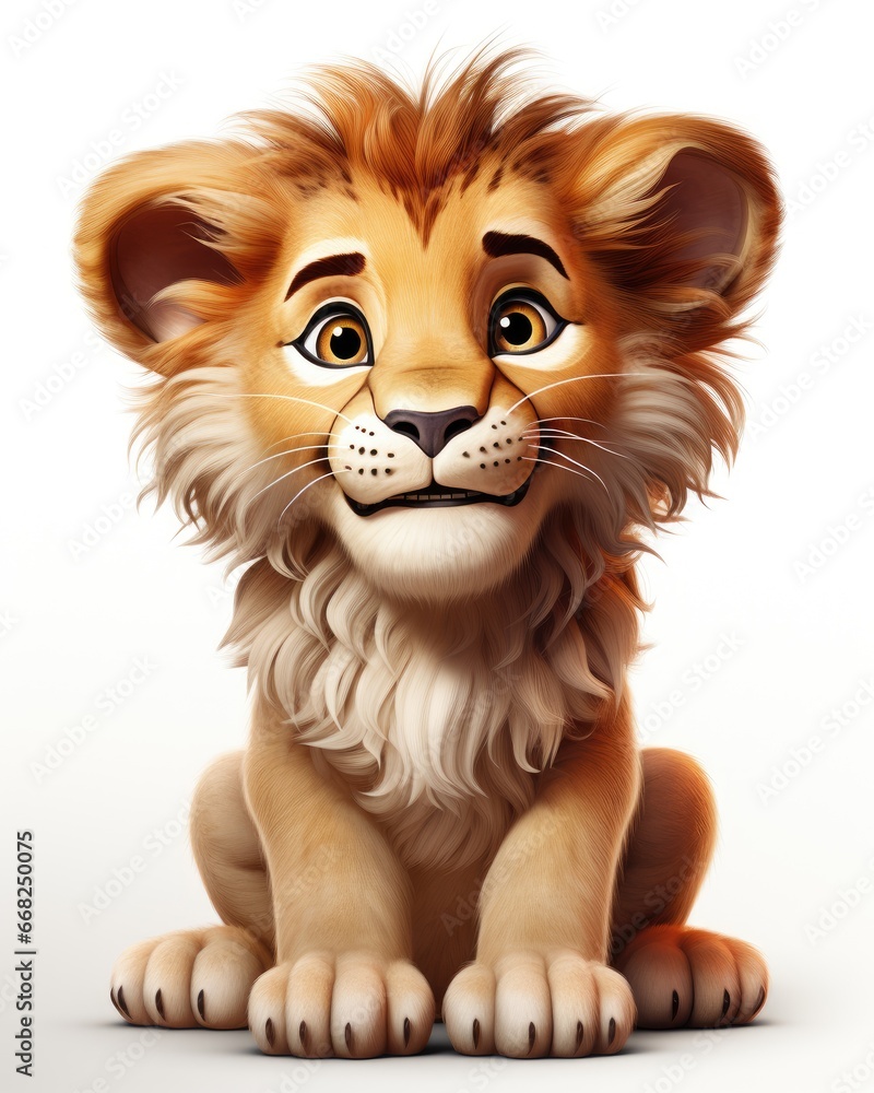 Poster a lion cub sitting down with its eyes wide open and looking at the camera. generative ai