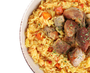 Delicious pilaf with meat isolated on white, top view