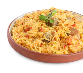 Delicious pilaf with meat isolated on white