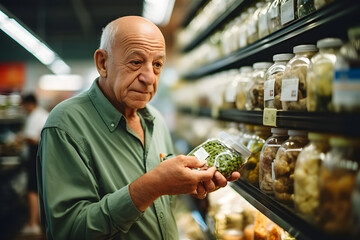 senior Caucasian man choosing a product in a grocery store. Neural network generated image. Not based on any actual person or scene.