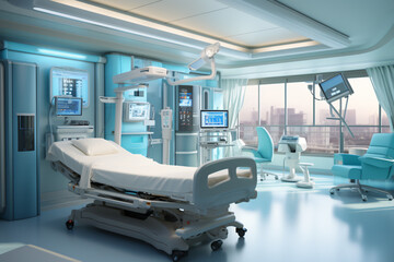 High complexity medical care room. Sanatorium of the future. High complexity surgery room. Concept: technology in health. - obrazy, fototapety, plakaty