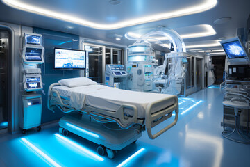 High complexity medical care room. Sanatorium of the future. High complexity surgery room. Concept: technology in health. - obrazy, fototapety, plakaty