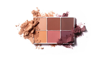 Top view of a close-up flat lay shot of a palette with beige, pink and brown eyeshadows, colored powders, in the cosmetics industry. Perfect for advertising campaigns.