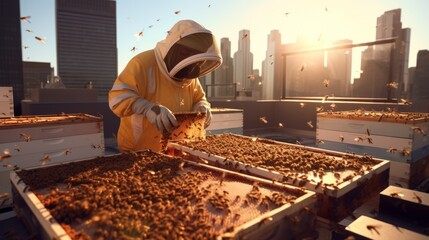 urban beekeeper tending to urban beekeeping - obrazy, fototapety, plakaty