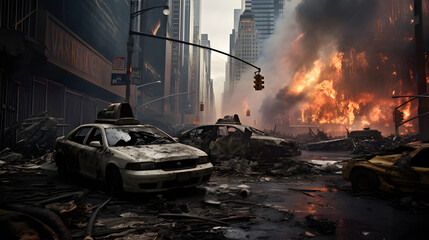 Escena apocalíptica de una calle de una gran ciudad después de un ataque