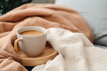 cosy comfort easy lifestyle hot coffee drink mug ceramic cup onwhite soft bed and blanket home interior background