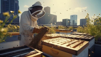 Foto op Aluminium urban beekeeper tending to bees on rooftop © mattegg