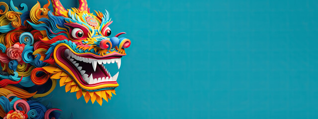 colorful chinese dragon on color background, generative ai - obrazy, fototapety, plakaty