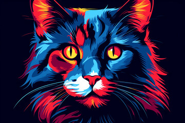 Portrait of a cat in 2d software, predominant colors red and blue