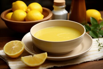 Smooth Bowl lemon sauce. Sauce herb. Generate Ai