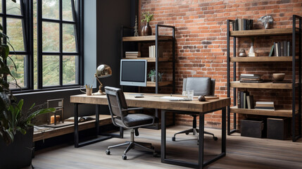 Industrial-style home office with a reclaimed wood desk Design and a bookshelf