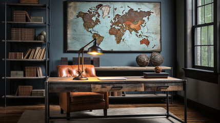 Industrial-style home office with a reclaimed wood desk Design and a bookshelf