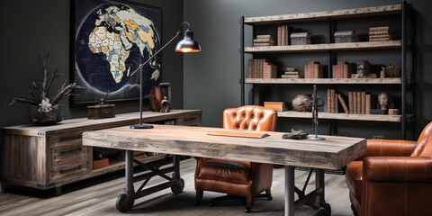 Industrial-style home office with a reclaimed wood desk Design and a bookshelf
