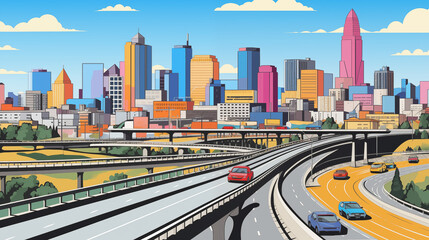 Obraz premium city has a freeway, in the style of vibrant cartoonish, flat areas of color, sharp perspective angles