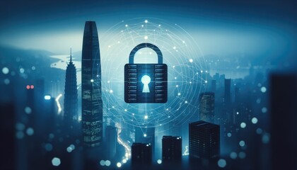 Data storage security protection concept with a safety lock against blurred blue glowing megapolis sityscape background