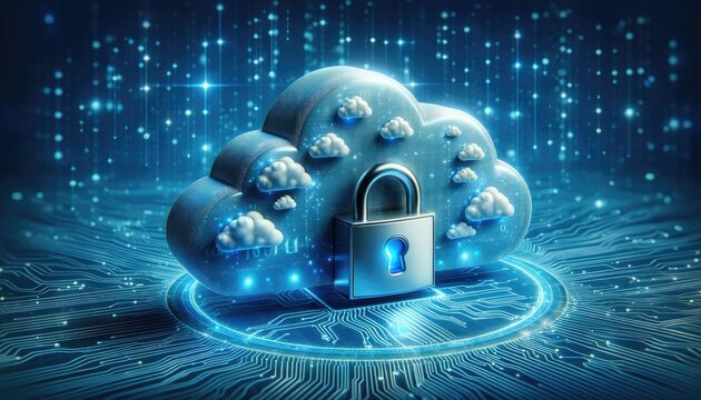 Data storage security protection concept with a cloud and safety lock against blue glowing printed board background