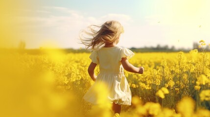 Fototapeta premium cute little girl in yellow dress running on a meadow with yellow flowers with a blue sunrise sky