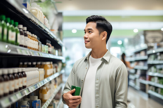young adult Asian man choosing a product in a grocery store. Neural network generated image. Not based on any actual person or scene.