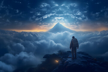 Top of the mountain view,  A person standing on top of a mountain, Successful man enjoying triumph - Sport and success concept