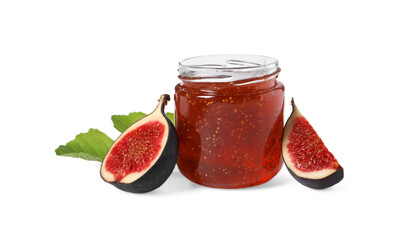 Glass jar with tasty sweet jam, green leaf and fresh figs isolated on white