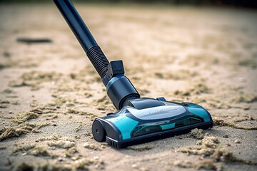 Modern vacuum cleaner close-up collects garbage dust and dirt from the floor, home assistant
