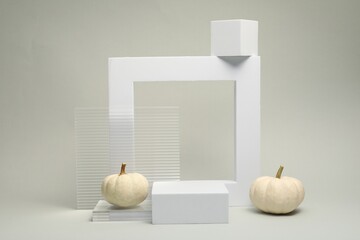 Autumn presentation for product. Geometric figures and pumpkins on light grey background