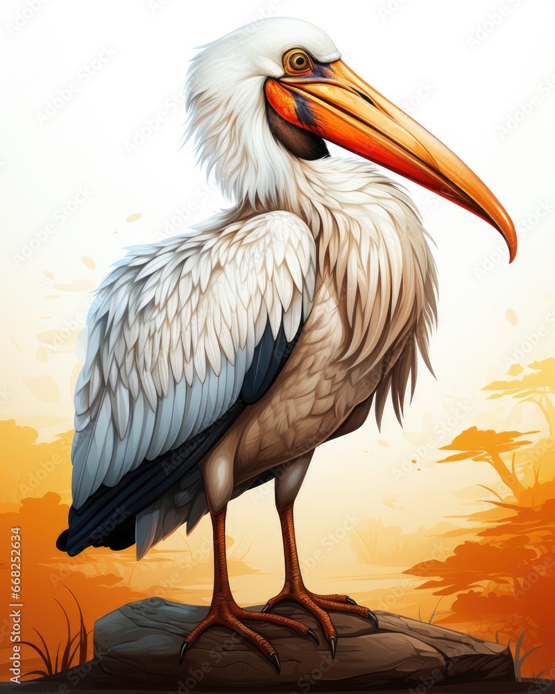 Poster a bird with a long beak standing on a rock in front of trees. generative ai