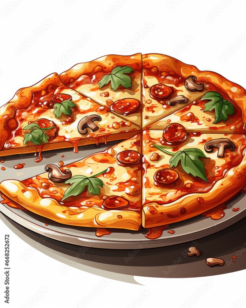 Poster a pizza with a slice missing from it on a plate. generative ai