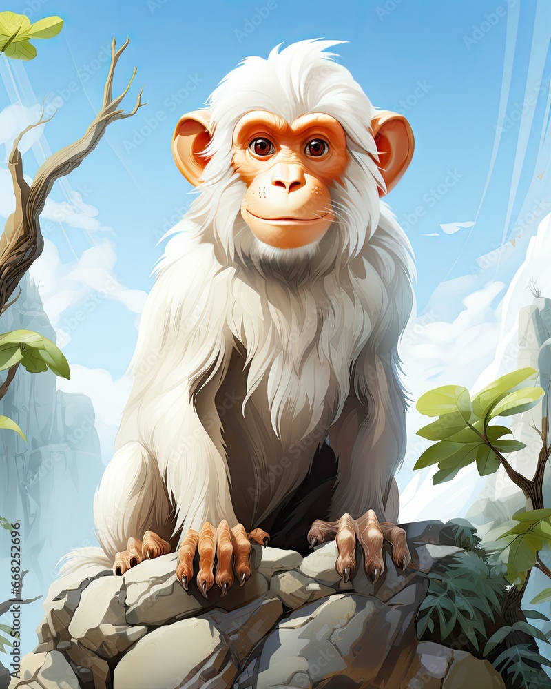 Poster a monkey sitting on a rock in a forest with a sky background. generative ai