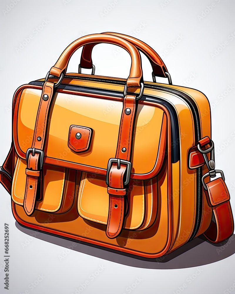 Poster an orange bag with a handle and two straps on it. generative ai