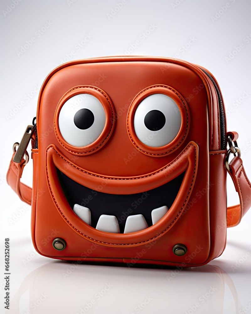 Poster a red bag with a smiling face on the front of it. generative ai