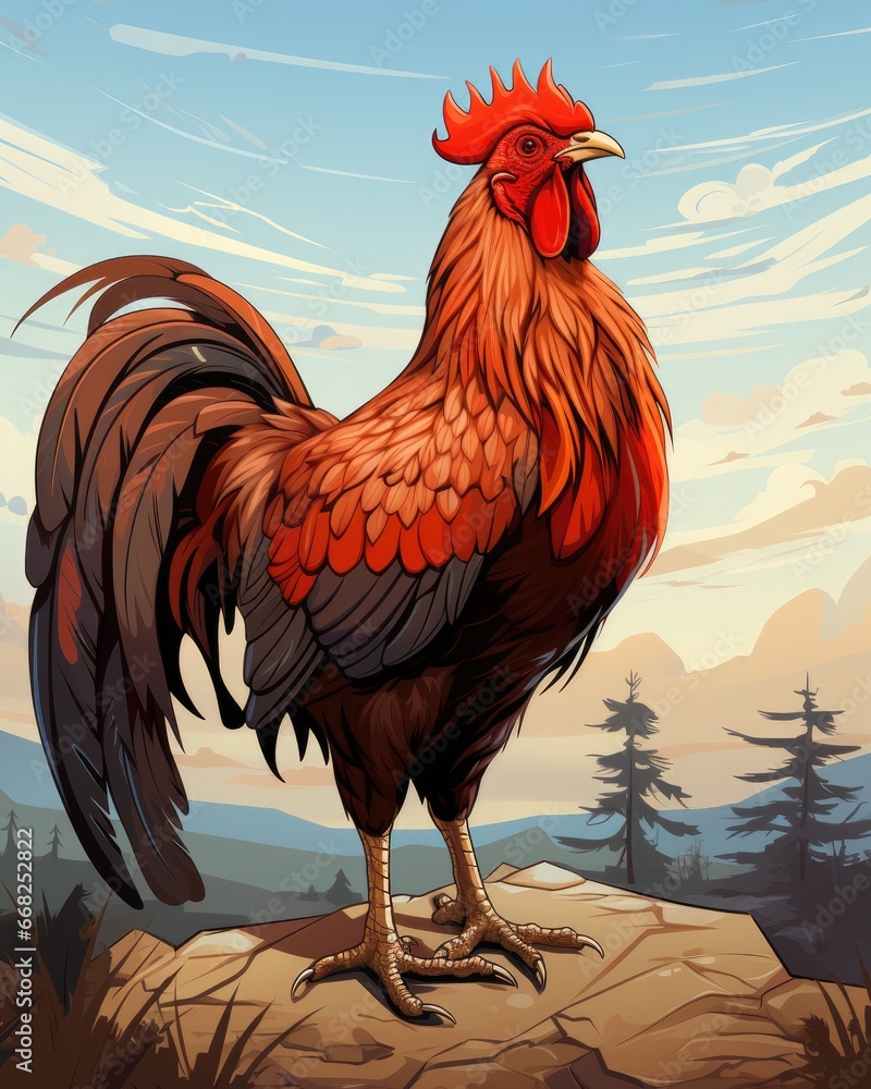 Poster a rooster standing on a rock in a field with trees. generative ai