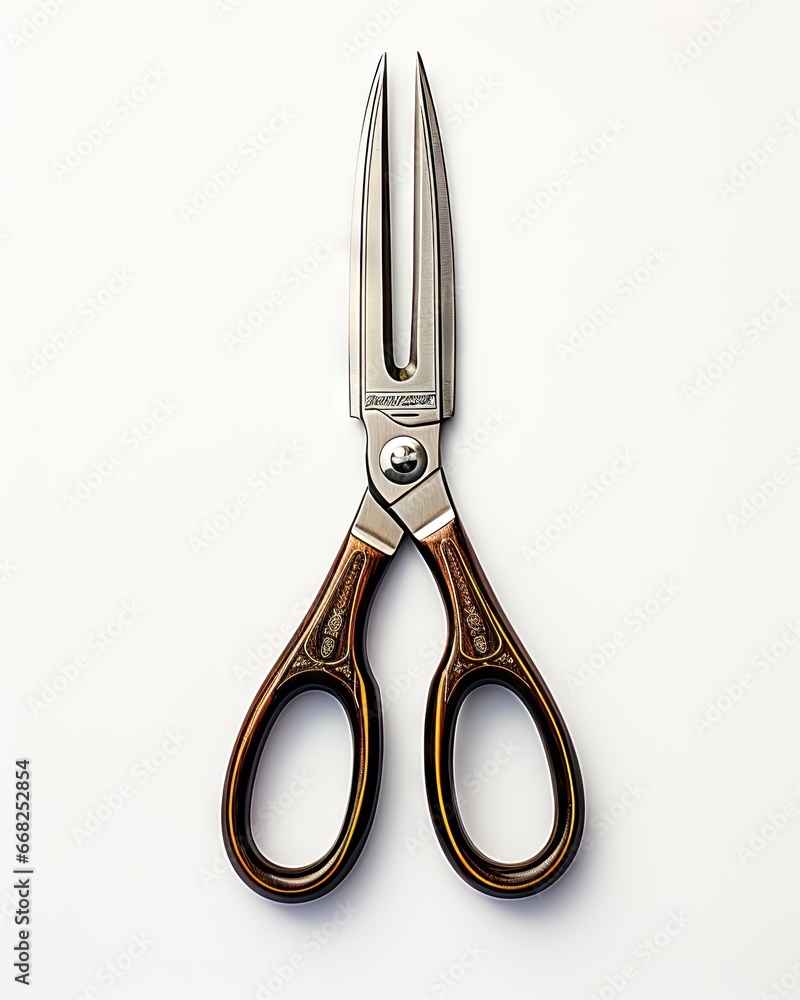 Poster a pair of scissors sitting on top of a white table. generative ai