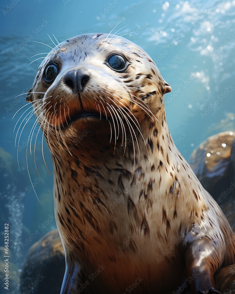 Poster a seal is sitting on the rocks and looking up at the camera. generative ai