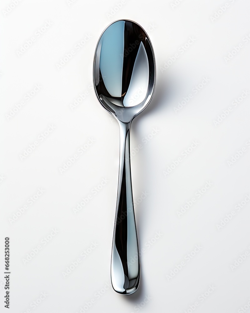 Poster a spoon with a black handle on a white surface with a reflection of the spoon. generative ai
