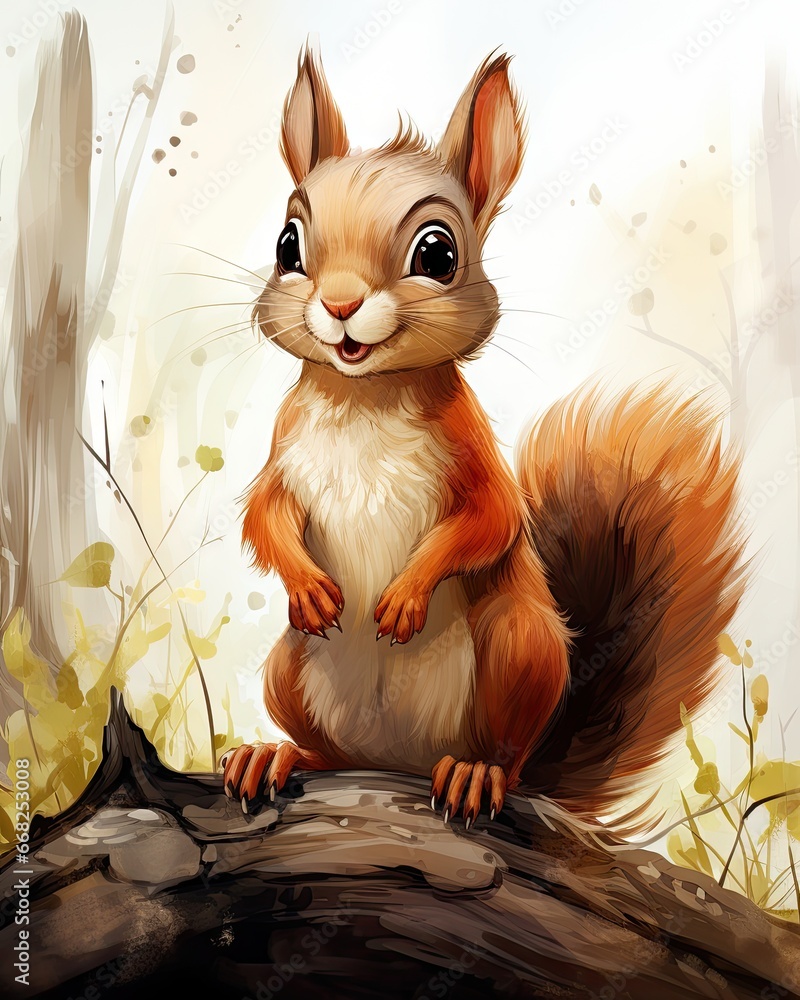 Aufkleber a squirrel is sitting on a log in the woods looking at the camera. generative ai