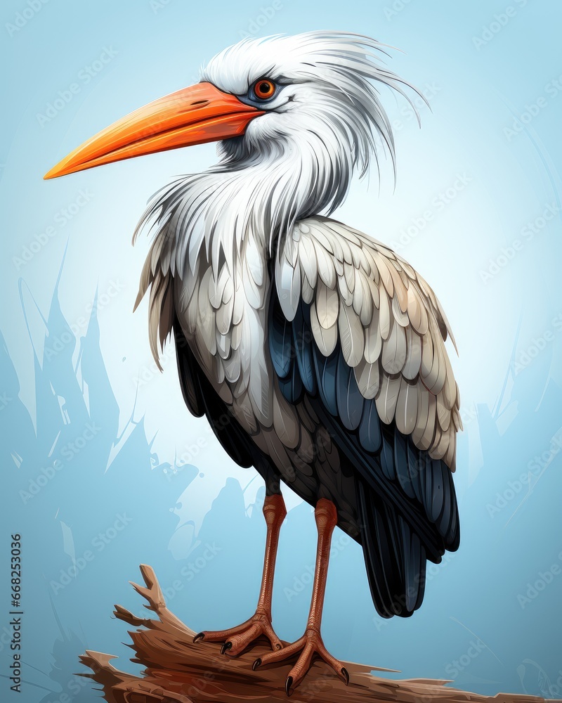 Poster a bird with a long beak standing on a branch of a tree. generative ai