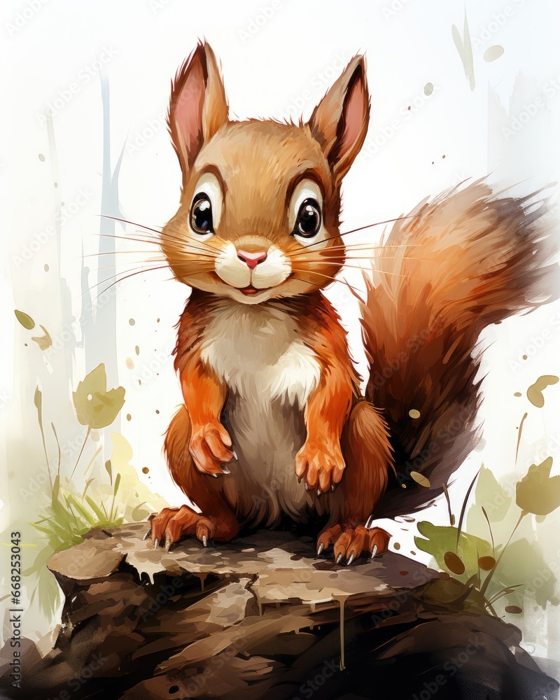 Poster a painting of a squirrel sitting on a log looking at the camera. generative ai