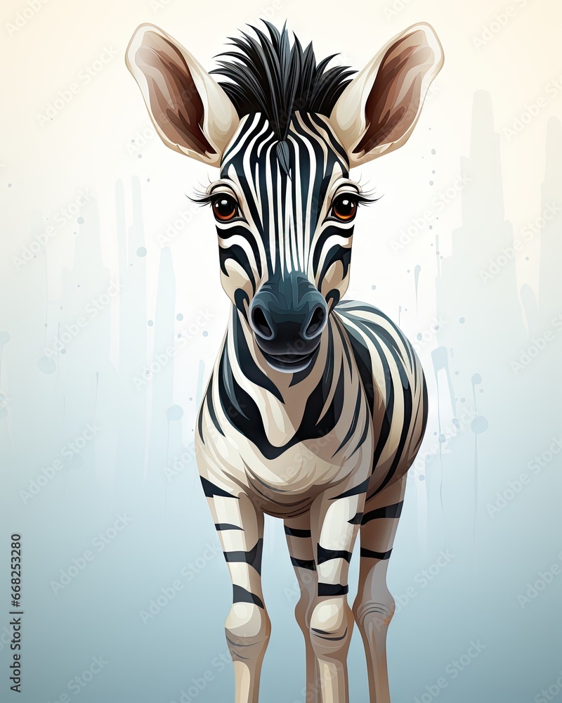 Poster a zebra standing in front of a blue background with a city in the background. generative ai