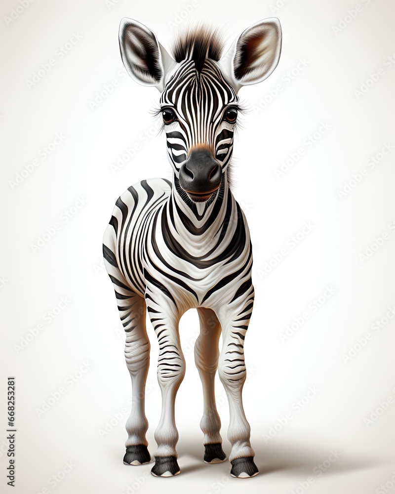 Poster a zebra is standing on a white background and looking at the camera. generative ai