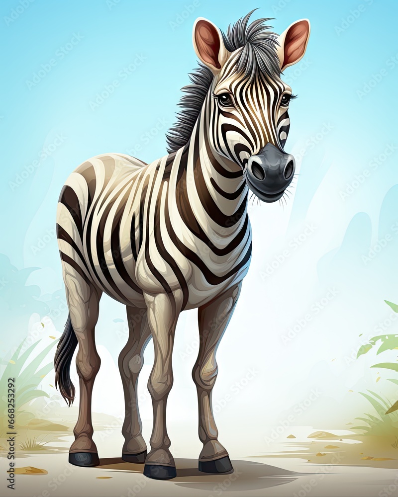 Poster a zebra standing in the middle of a field of grass. generative ai