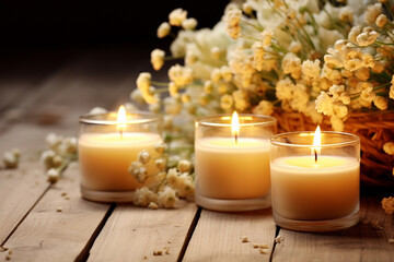 Obraz na płótnie Canvas A group of lit aroma scented organic soy wax candles with beautiful flowers on a wooden table. Generative AI.