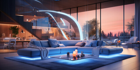 Interior design spacious villa, lobby, loft, apartment, Modern living room, trendy furniture in the living area, radiates a tranquil atmosphere