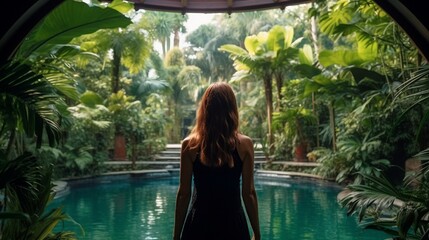 Back view of an unidentifiable female visitor standing in the pool's corner and surveying the resort's verdant tropical vegetation - obrazy, fototapety, plakaty
