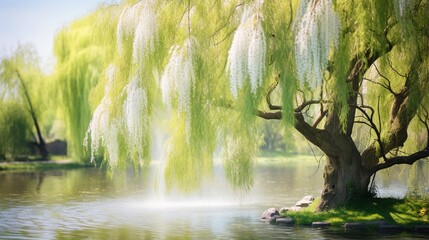 Blooming weeping willow in spring