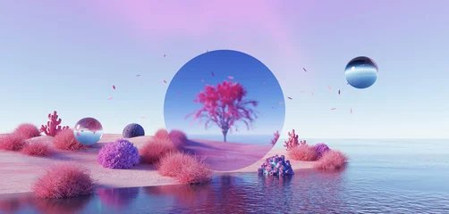 Fotobehang Blauwe hemel 3d Render, Abstract Surreal pastel landscape background with arches and podium for showing product, panoramic view, Colorful dune scene with copy space, blue sky and cloudy, Minimalist decor design  © TANATPON