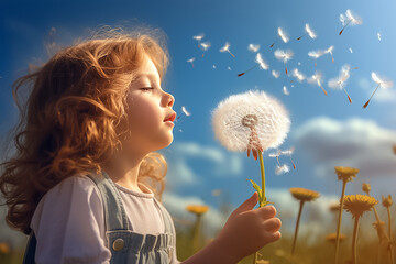 A little girl blows dandelion pollen all over the place and they float up through the winds in a blue sky on a clear day. Generative AI.