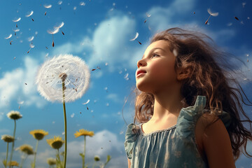 Naklejka premium A little girl blows dandelion pollen all over the place and they float up through the winds in a blue sky on a clear day. Generative AI.